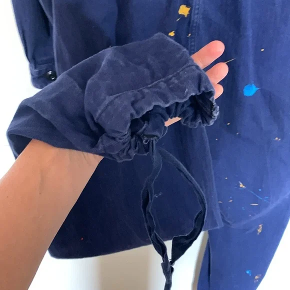 Artist coveralls, jumpsuit, patches and paint, drawstring bottoms, button up